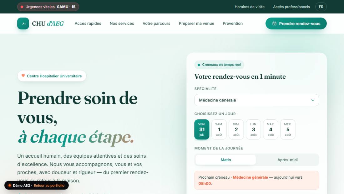 Page d'accueil du CHU de GAE : prise de rendez-vous et accès aux pôles médicaux.