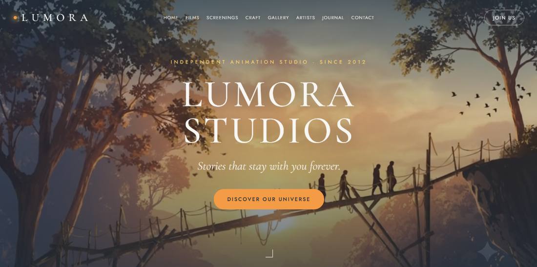 Page d'accueil de Lumora Studios : illustration d'un pont suspendu au crépuscule, accroche du studio d'animation indépendant.