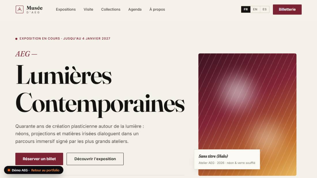Page d'accueil du Musée de GAE : expositions en cours et informations de visite.