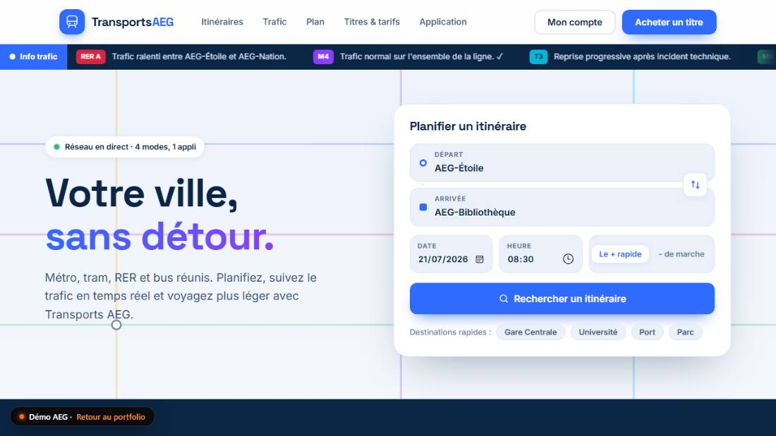 Page d'accueil de Transports GAE : état du trafic et recherche d'itinéraire.