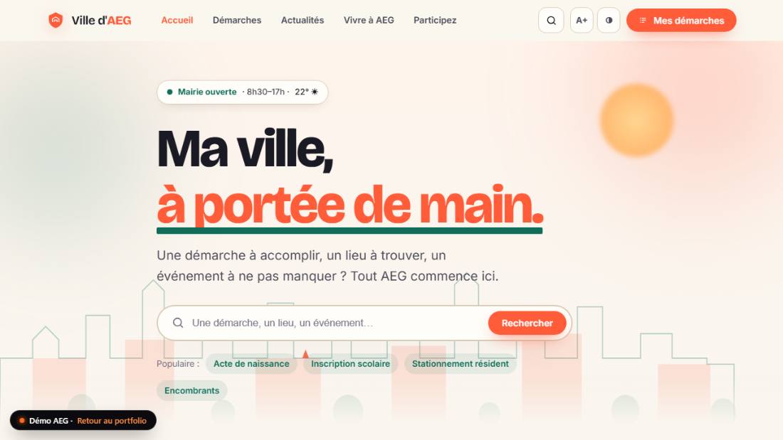 Page d'accueil du portail Ville de GAE : bandeau des démarches, actualités et agenda de la commune.